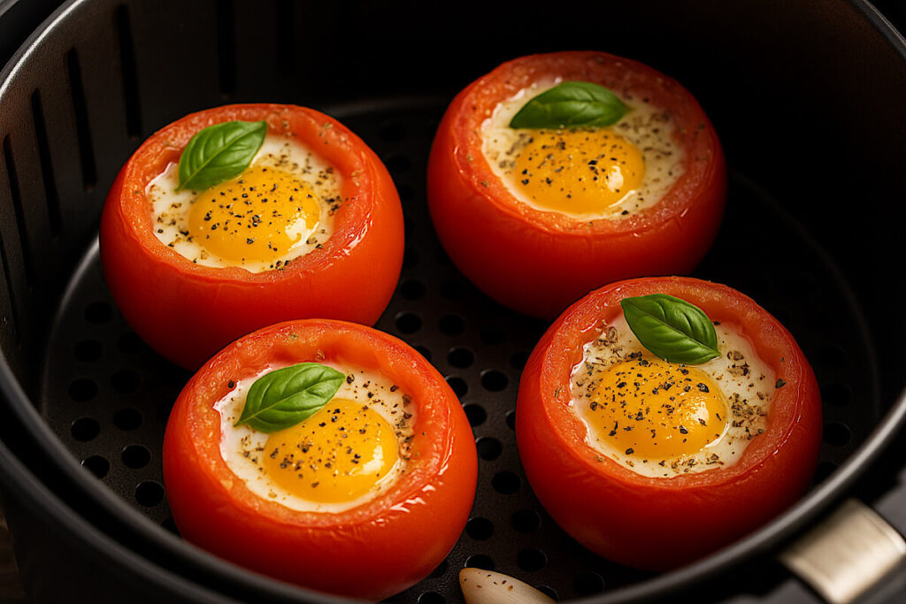 Pomodori con uovo in friggitrice ad aria