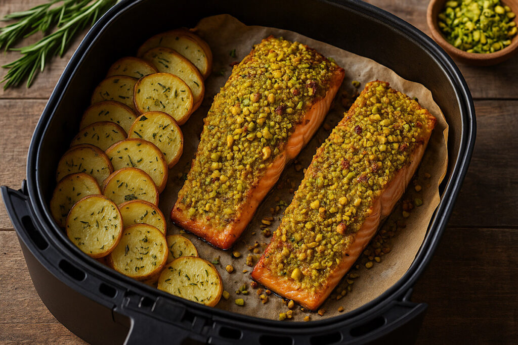 Salmone in crosta di pistacchi con patate in friggitrice ad aria 1 Salmone in crosta di pistacchi con patate in friggitrice ad aria