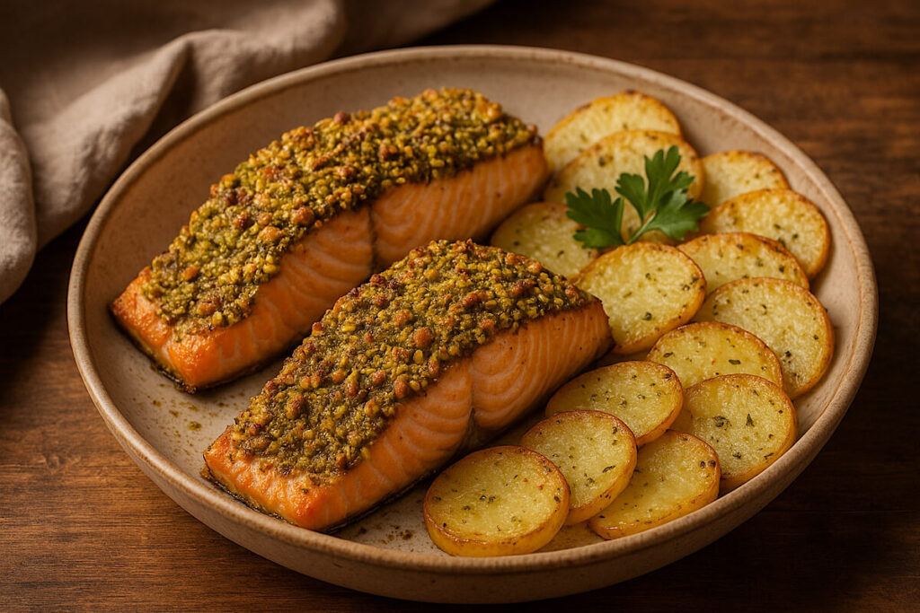 Salmone in crosta di pistacchi con patate in friggitrice ad aria