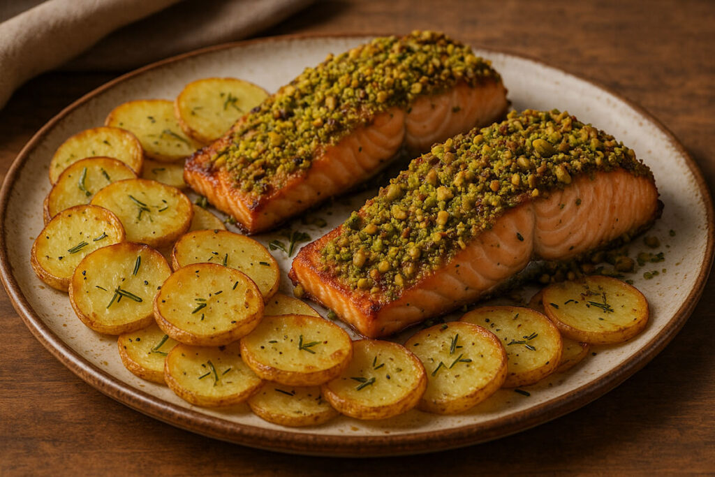 Salmone in crosta di pistacchi con patate in friggitrice ad aria 2 Salmone in crosta di pistacchi con patate in friggitrice ad aria