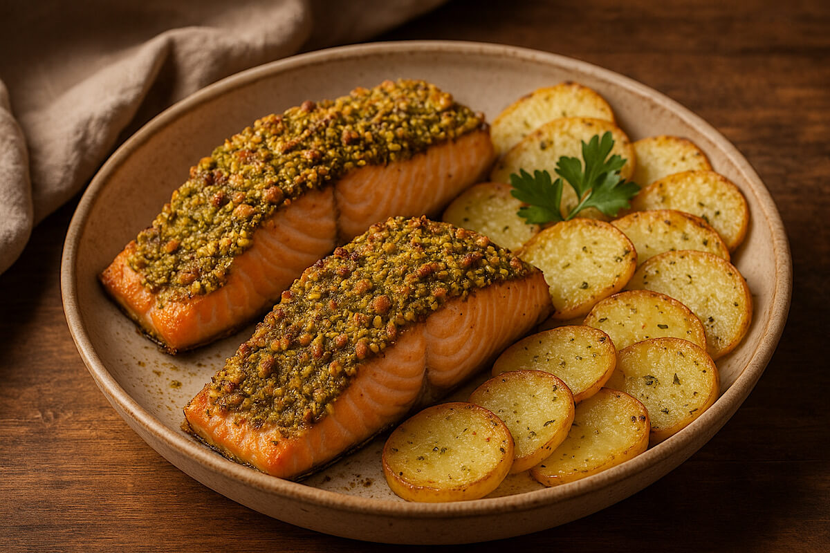 Salmone in crosta di pistacchi con patate in friggitrice ad aria: un secondo raffinato, ma facilissimo e veloce