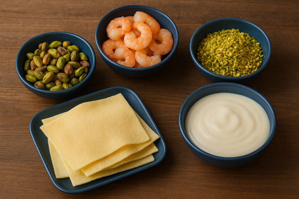 lasagna al pistacchio con gamberetti lasagna al pistacchio con gamberetti