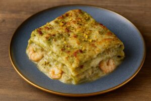 La lasagna al pistacchio con gamberetti in friggitrice ad aria (con procedimento per fare il pesto)
