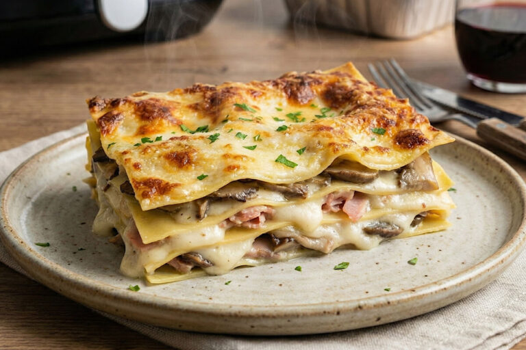 Lasagne funghi e prosciutto in friggitrice ad aria: il piatto di Natale furbo (anche senza lattosio)