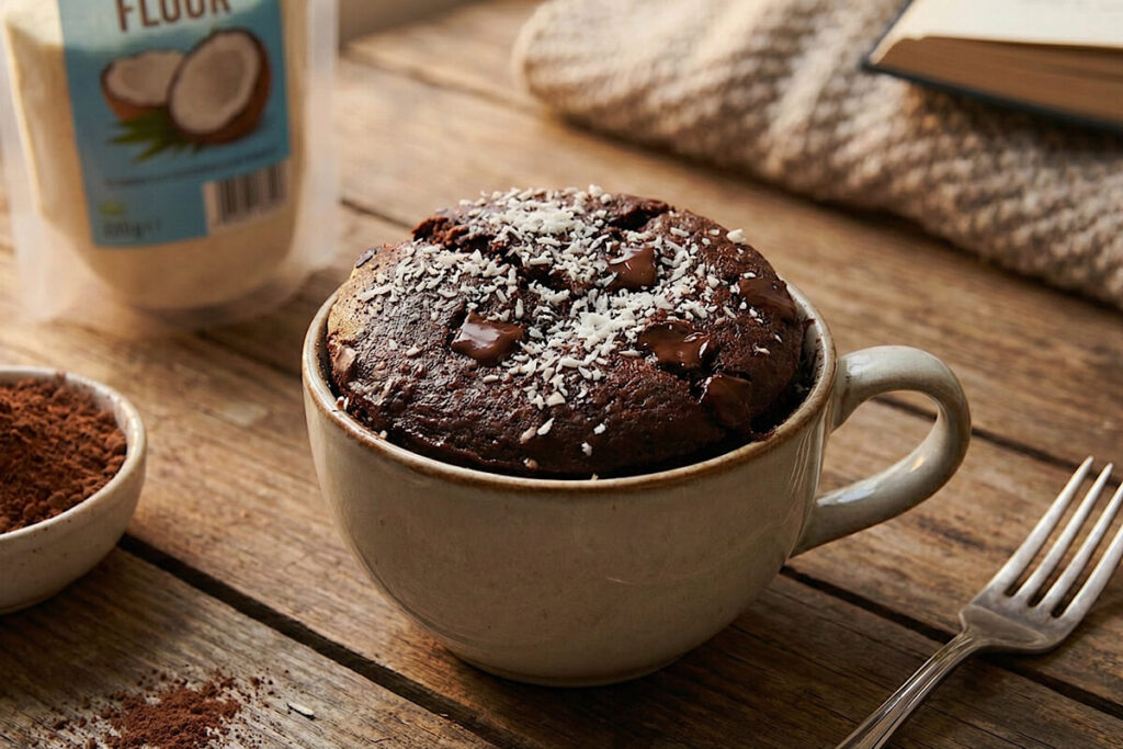 Mugcake con cocco e cioccolato in friggitrice ad aria