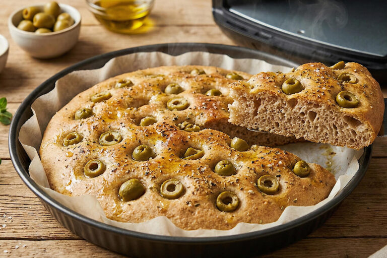 Senza lievitazione e senza sporcarsi nemmeno le mani: focaccia integrale alle olive in friggitrice ad aria