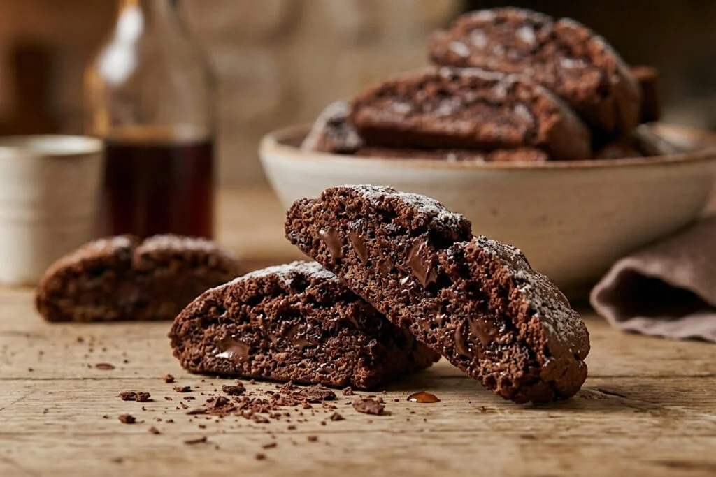 I classici biscotti toscani in una versione leggera senza burro, resi irresistibili da pezzi di cioccolato fondente e una doppia cottura perfetta tra forno e friggitrice ad aria.