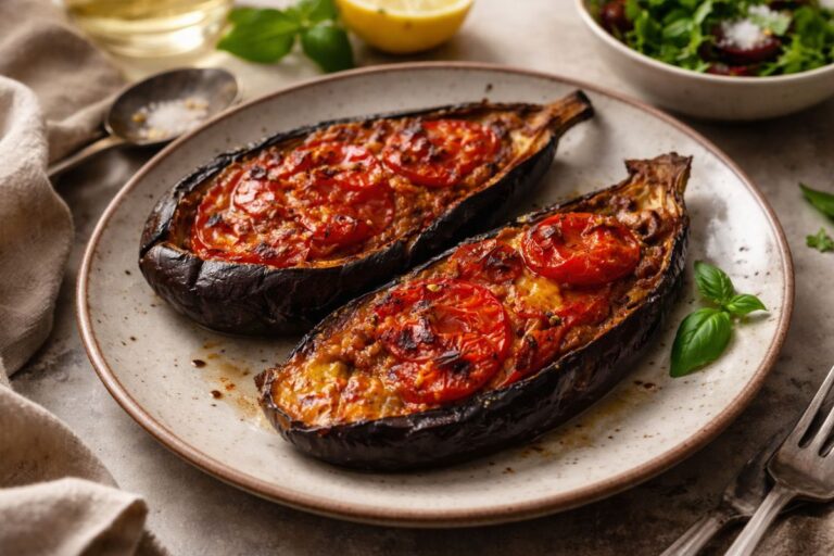Con un ripieno goloso di pomodorini e parmigiano, le melanzane in friggitrice ad aria ti risolvono il pranzo