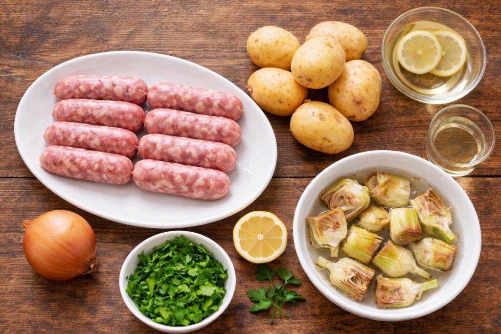 salsiccia con carciofi e patate in friggitrice ad aria, ingredienti
