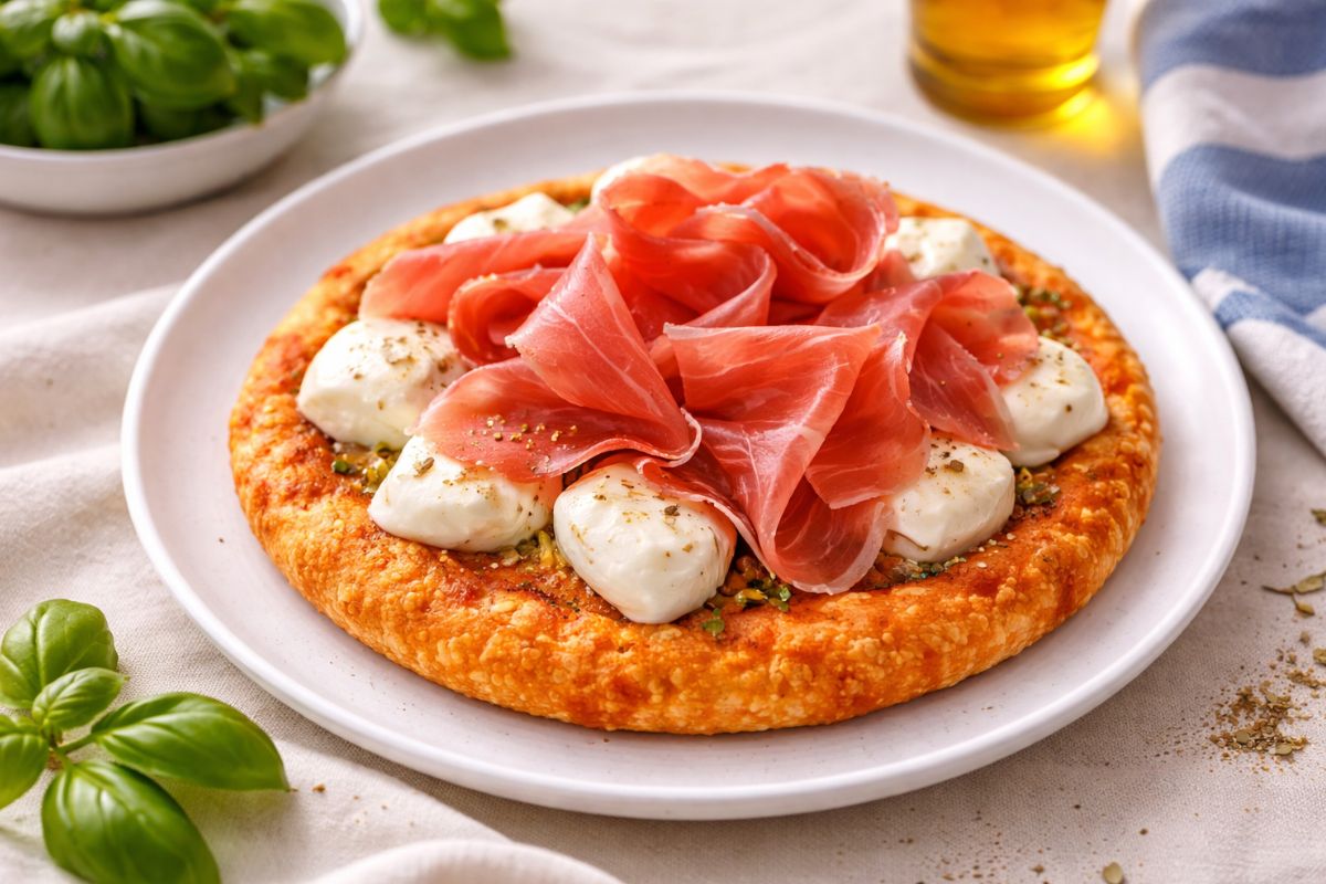 Focaccia veloce con pomodoro nell’impasto cotta in friggitrice ad aria, più bufala e prosciutto crudo