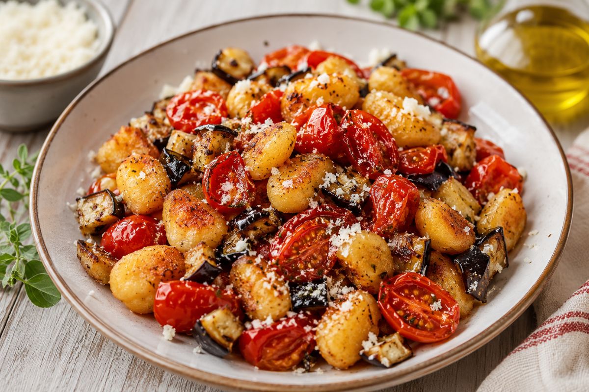 Gnocchi estivi senza pentola, fatti in friggitrice ad aria con melanzane, pomodorini e ricotta salata
