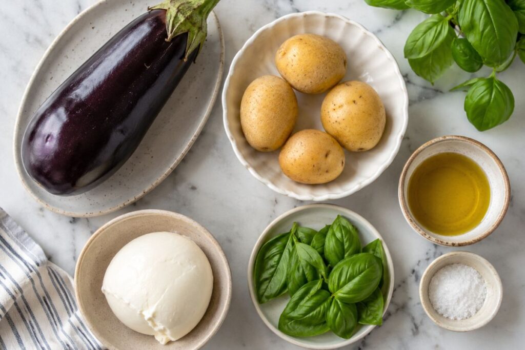 Melanzane ripiene con patate e mozzarella in friggitrice ad aria, ingredienti