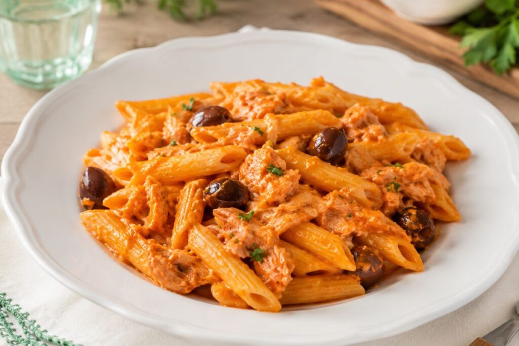 Pasta con peperoni, tonno e olive in friggitrice ad aria