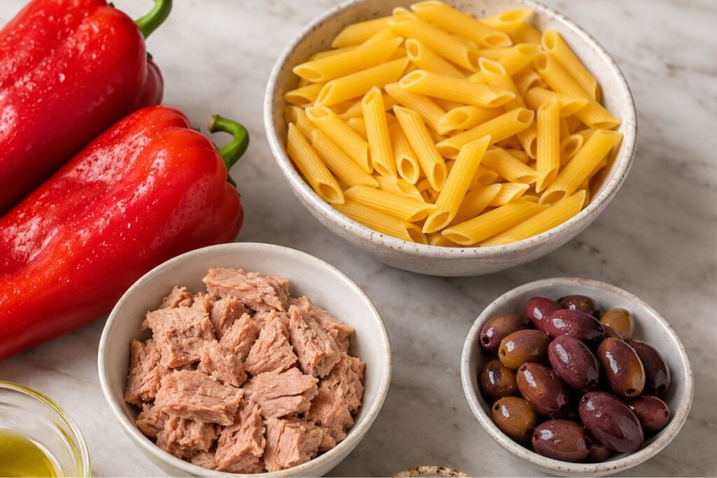 Pasta con peperoni tonno e olive in friggitrice ad aria ingredienti Pasta con peperoni, tonno e olive in friggitrice ad aria, ingredienti