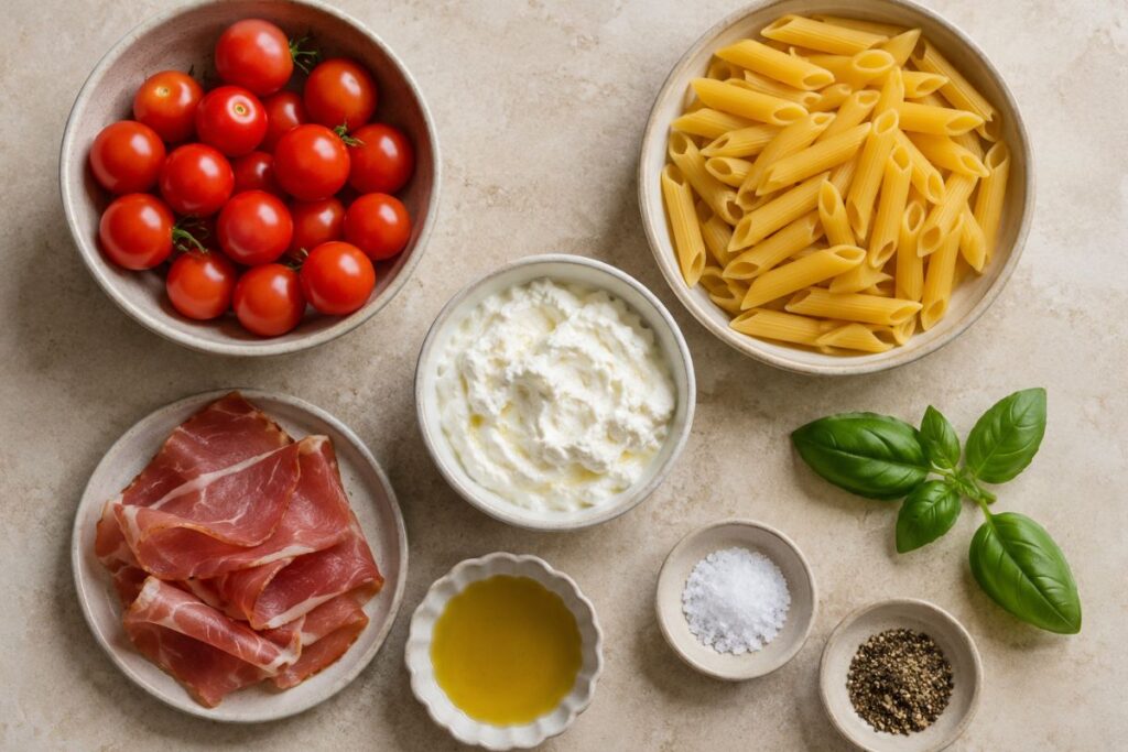 Penne con pomodorini in friggitrice ad aria, speck e stracciatella, ingredienti