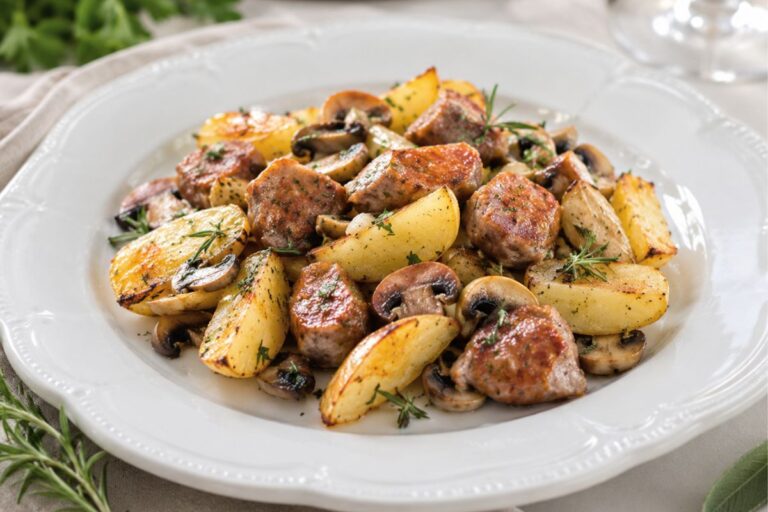 Cena rustica veloce pronta in pochi minuti: salsiccia, patate e funghi in friggitrice ad aria