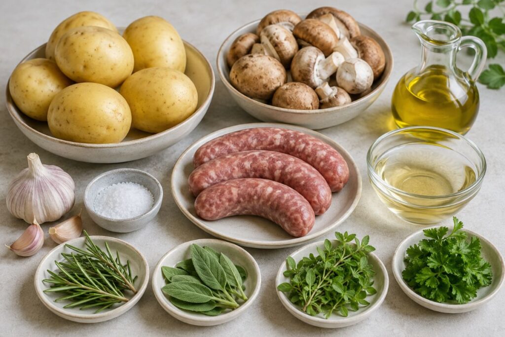 Salsiccia patate e funghi in friggitrice ad aria ingredienti Salsiccia, patate e funghi in friggitrice ad aria, ingredienti