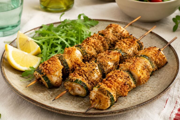 Il merito è della panatura, ma non solo: spiedini di calamari e zucchine in friggitrice ad aria