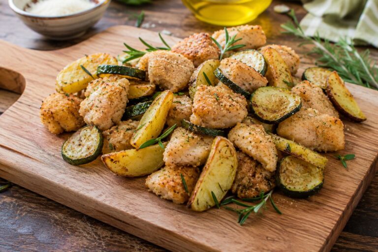 Cena completa e veloce in friggitrice ad aria: pollo tenero, patate dorate e zucchine leggere