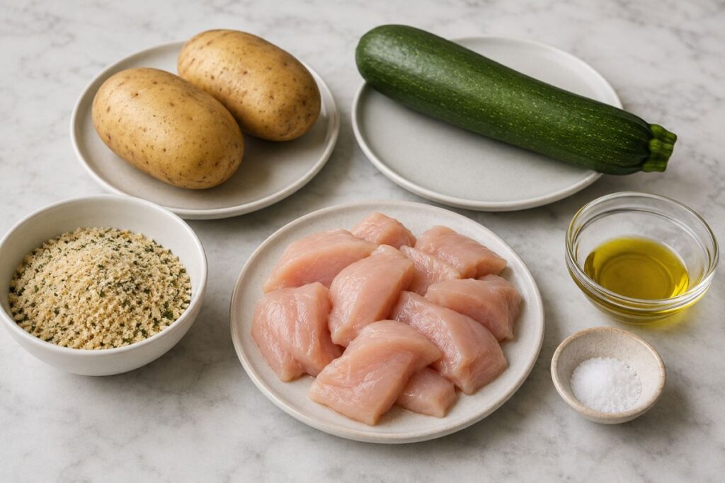 Straccetti di pollo con patate e zucchine in friggitrice ad aria, ingredienti