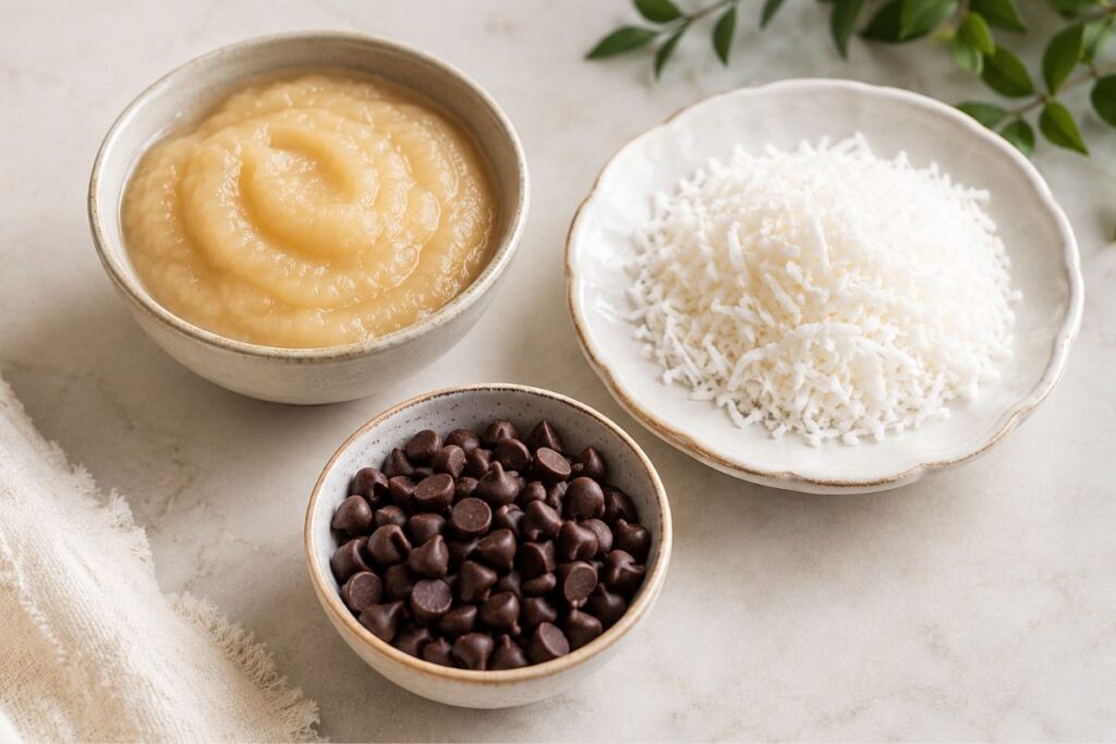 biscotti mela, cocco e gocce di cioccolato in friggitrice ad aria, ingredienti