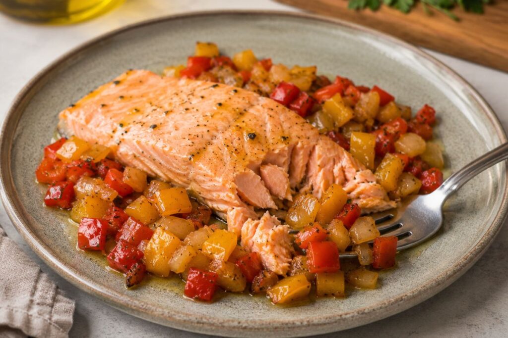 Salmone con peperoni e cipolla in friggitrice ad aria