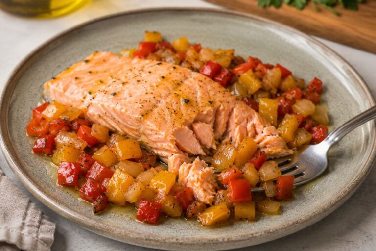 Il salmone in friggitrice ad aria con il letto di peperoni che lo mantiene tenero e profumato