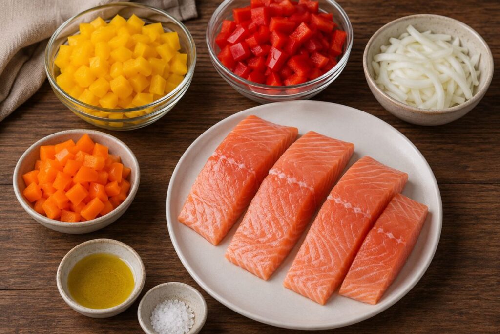 Salmone con peperoni e cipolla in friggitrice ad aria, ingredienti