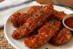 Chicken tenders croccanti con glassa piccante al miele in friggitrice ad aria
