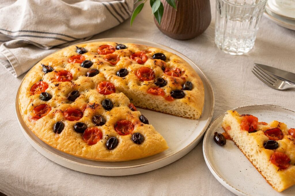 Focaccia con pomodorini e olive in friggitrice ad aria