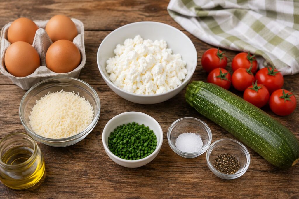 Frittata con fiocchi di latte, zucchine e pomodorini in friggitrice ad aria, ingredienti