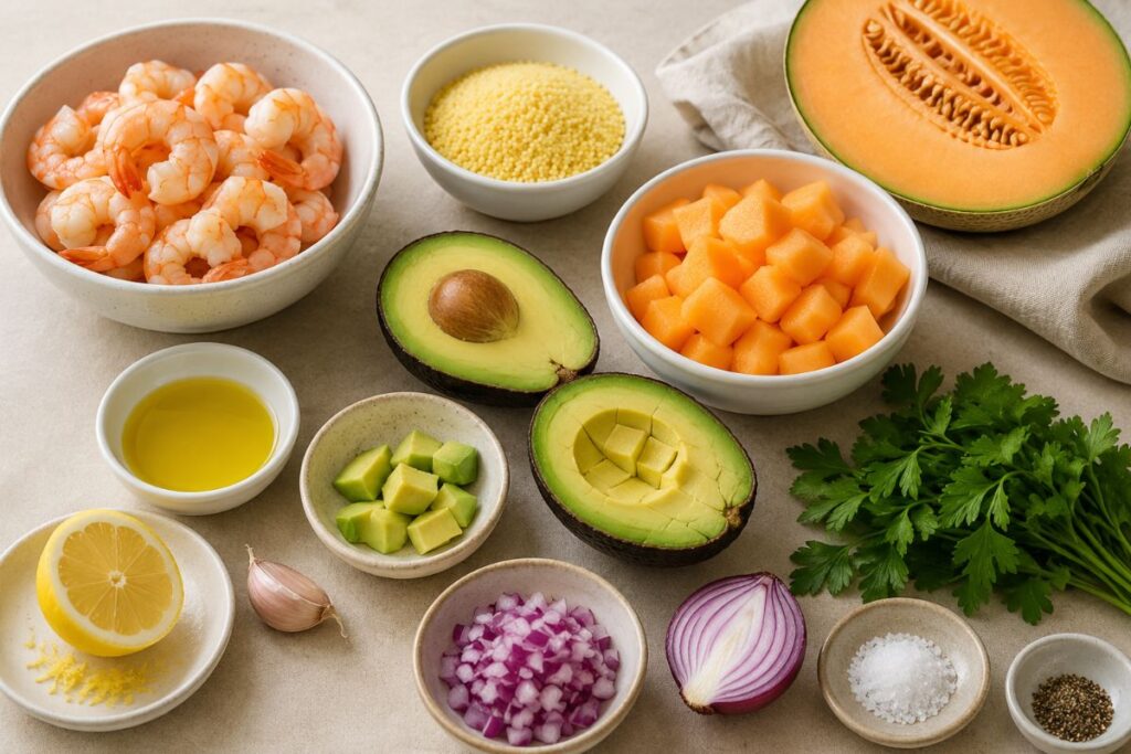 Insalata di cous cous croccante con avocado, melone e gamberetti