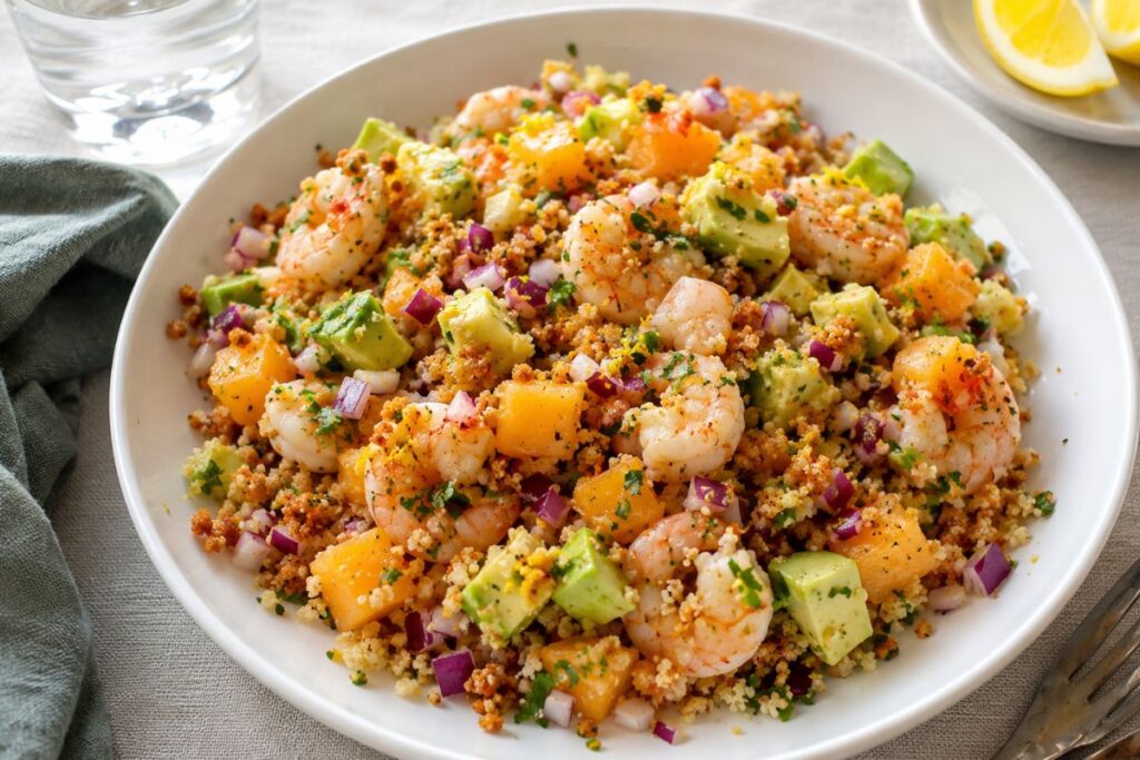 Insalata di cous cous croccante con avocado, melone e gamberetti