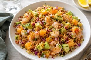 Insalata di cous cous croccante con avocado, melone e gamberetti