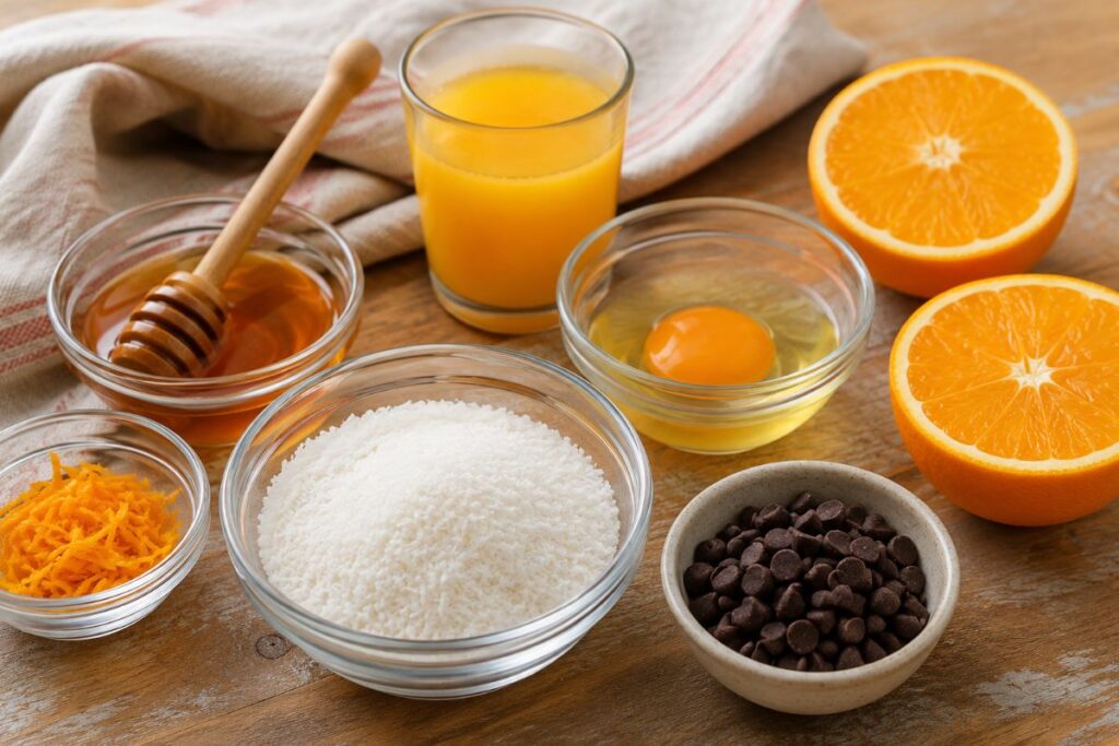 Palline cocco, arancia e gocce di cioccolato in friggitrice ad aria, ingredienti