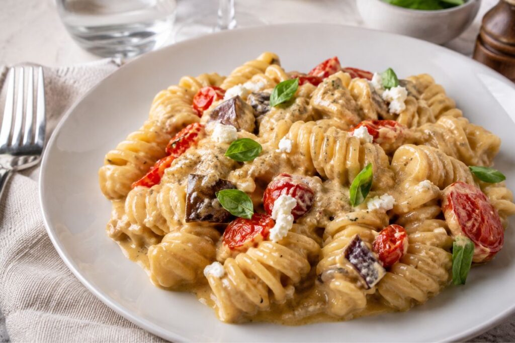 Pasta con crema di melanzane, datterini e feta in friggitrice ad aria