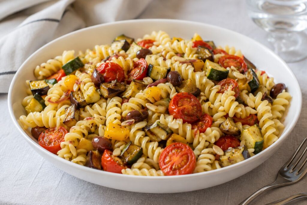 Pasta fredda con olive e mandorle in friggitrice ad aria
