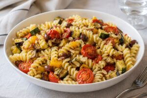 Pasta fredda con olive e mandorle in friggitrice ad aria