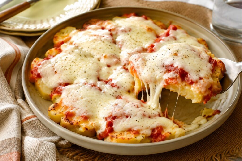 Pizza di patate con pomodoro e mozzarella in friggitrice ad aria