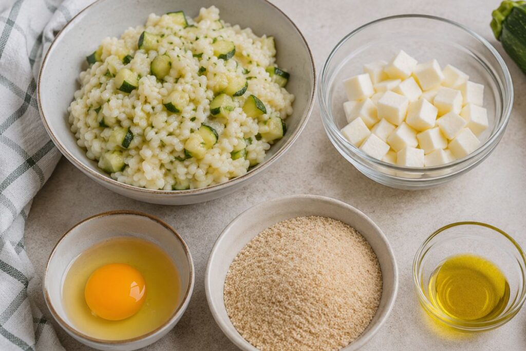 Polpette di risotto alle zucchine con mozzarella in friggitrice ad aria, ingredienti