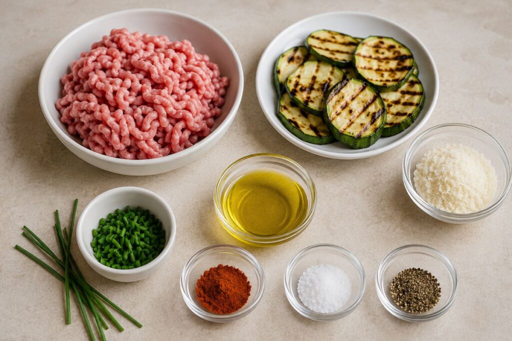 Polpette di vitello e zucchine grigliate in friggitrice ad aria, ingredienti
