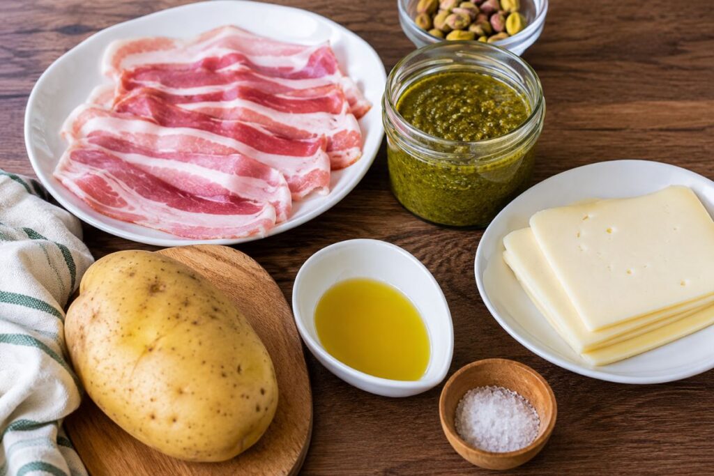 Rotolini di patate con pancetta, formaggio e pesto di pistacchi in friggitrice ad aria, ingredienti