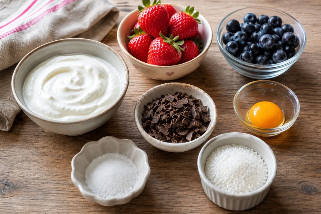 Sfoglie dolci con yogurt al cocco, frutta e cioccolato in friggitrice ad aria, ingredienti
