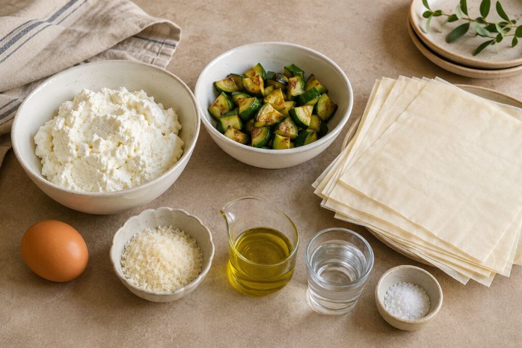 Torta salata di pasta fillo con ricotta e zucchine in friggitrice ad aria, ingredienti