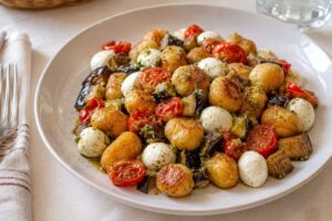gnocchi croccanti con melanzane, pomodorini, pesto e mozzarelline in friggitrice ad aria