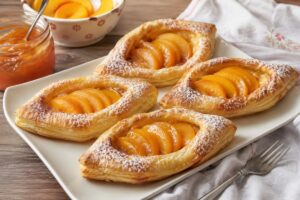 Barchette di sfoglia con savoiardi, marmellata e pesche sciroppate in friggitrice ad aria