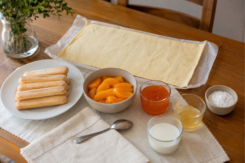 Barchette di sfoglia con savoiardi marmellata e pesche sciroppate in friggitrice ad aria ingredienti Barchette di sfoglia con savoiardi, marmellata e pesche sciroppate in friggitrice ad aria, ingredienti