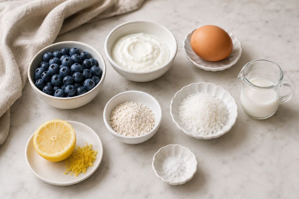 Clafoutis ai mirtilli con yogurt greco e cocco in friggitrice ad aria, ingredienti