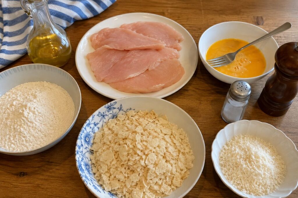 Cotolette di pollo con pane carasau e parmigiano in friggitrice ad aria, ingredienti
