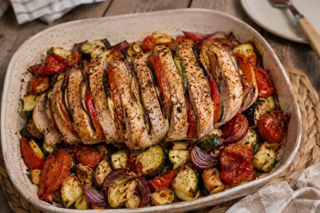 Fesa di tacchino a fisarmonica con zucchine e pomodori in friggitrice ad aria